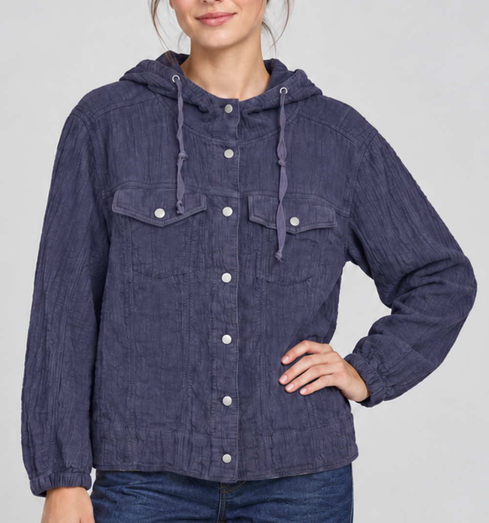 Chico's Womens Large 12/14 Grayish Purple Crinkle Gauze Hooded Snap Front Jacket